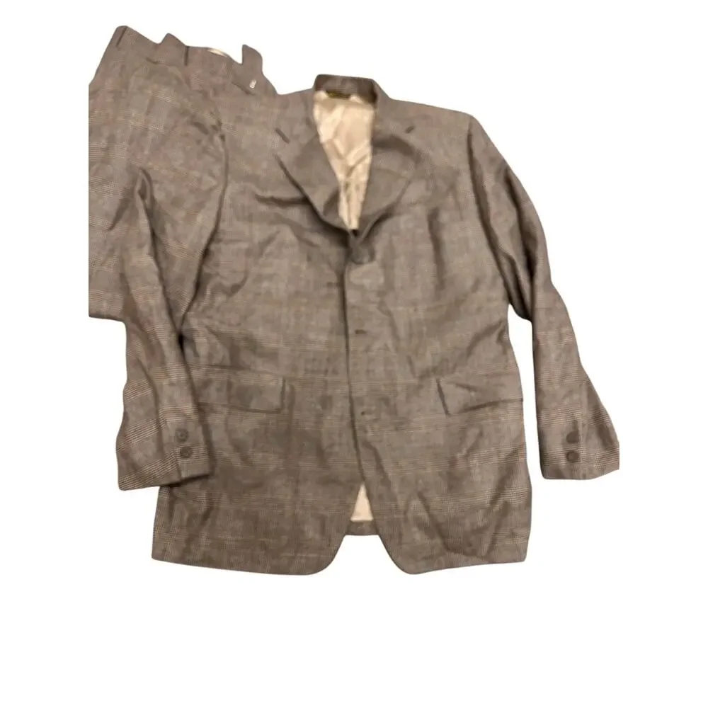 Vintage 100% Wool Glen Plaid Suit Brown Union Made USA Jacket Trousers